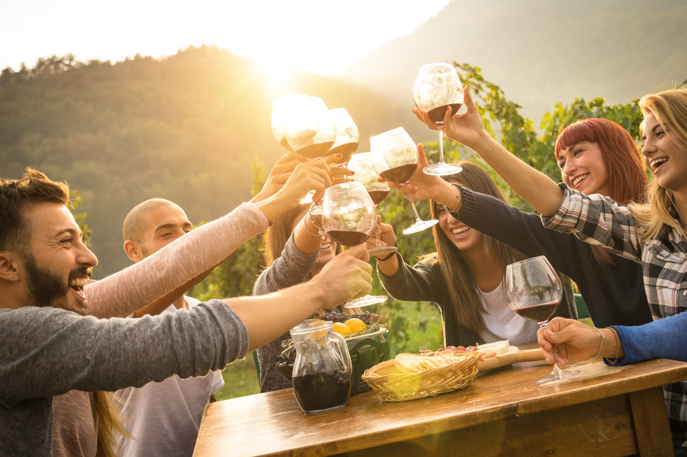 Group wine tasting in Tuscan vineyard
